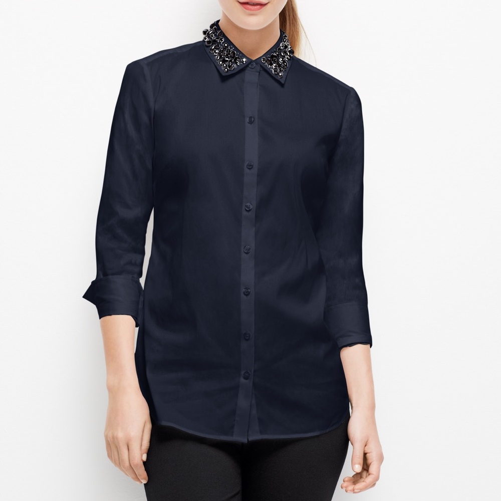 Ann Taylor Jeweled Collar Button Up Navy/Black 14